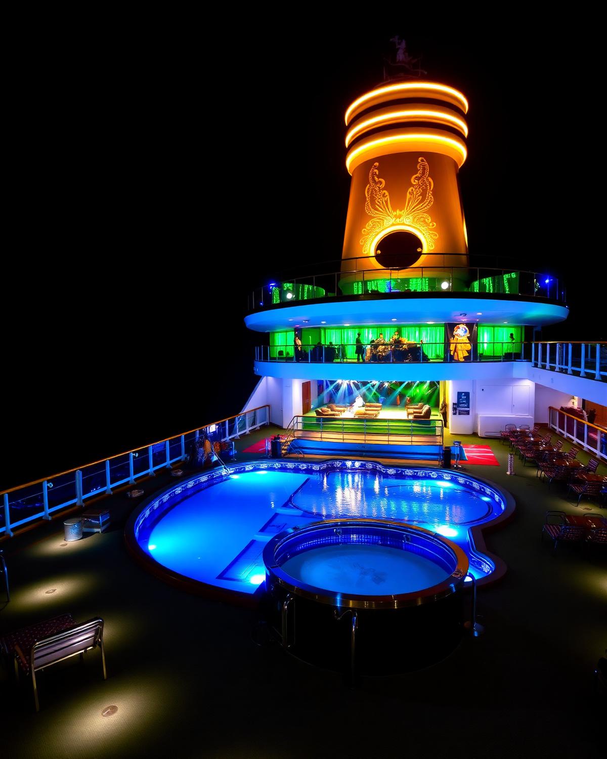 Deck com piscina iluminada à noite