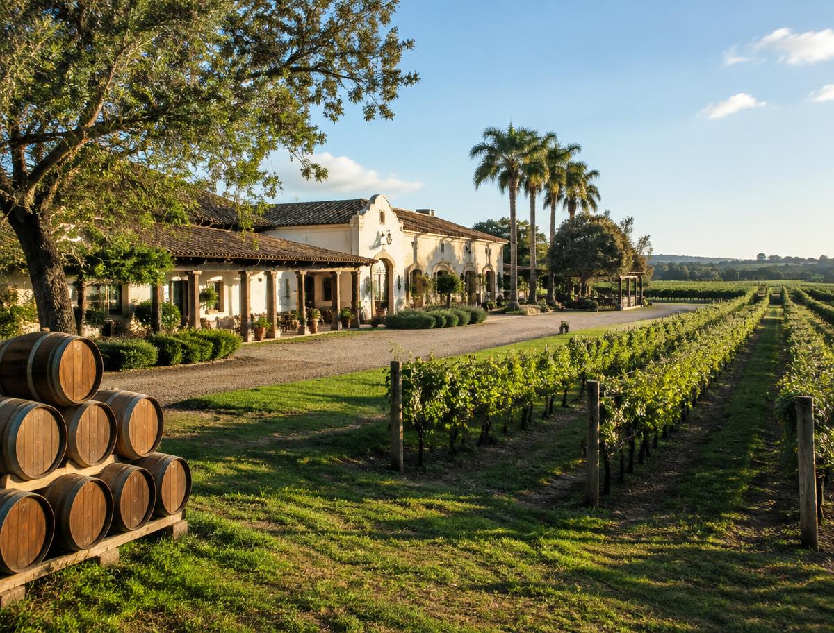 Vinícola com parreirais e barris de vinho